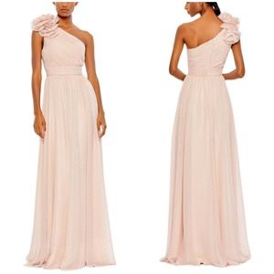 Mac Duggal NWT One-Shoulder Rosette Metallic Gold Polka Dot Gown Size 8 Pink